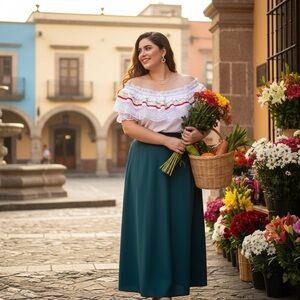 True Vintage Mexican Embroidered Off-Shoulder Shirt Lace Falbala Top Plus Size